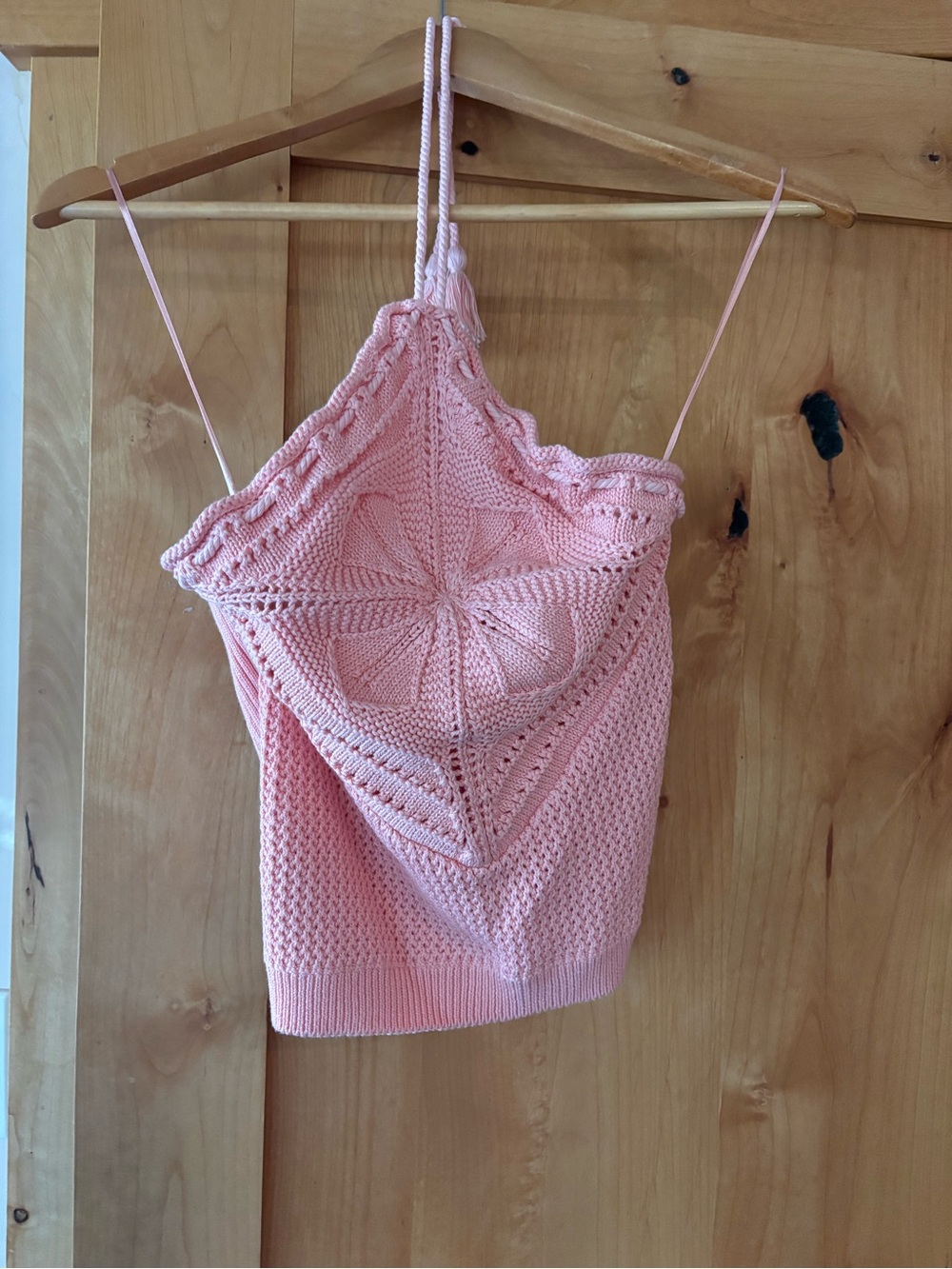525 America Adorable Pink Crochet Halter Knit Top